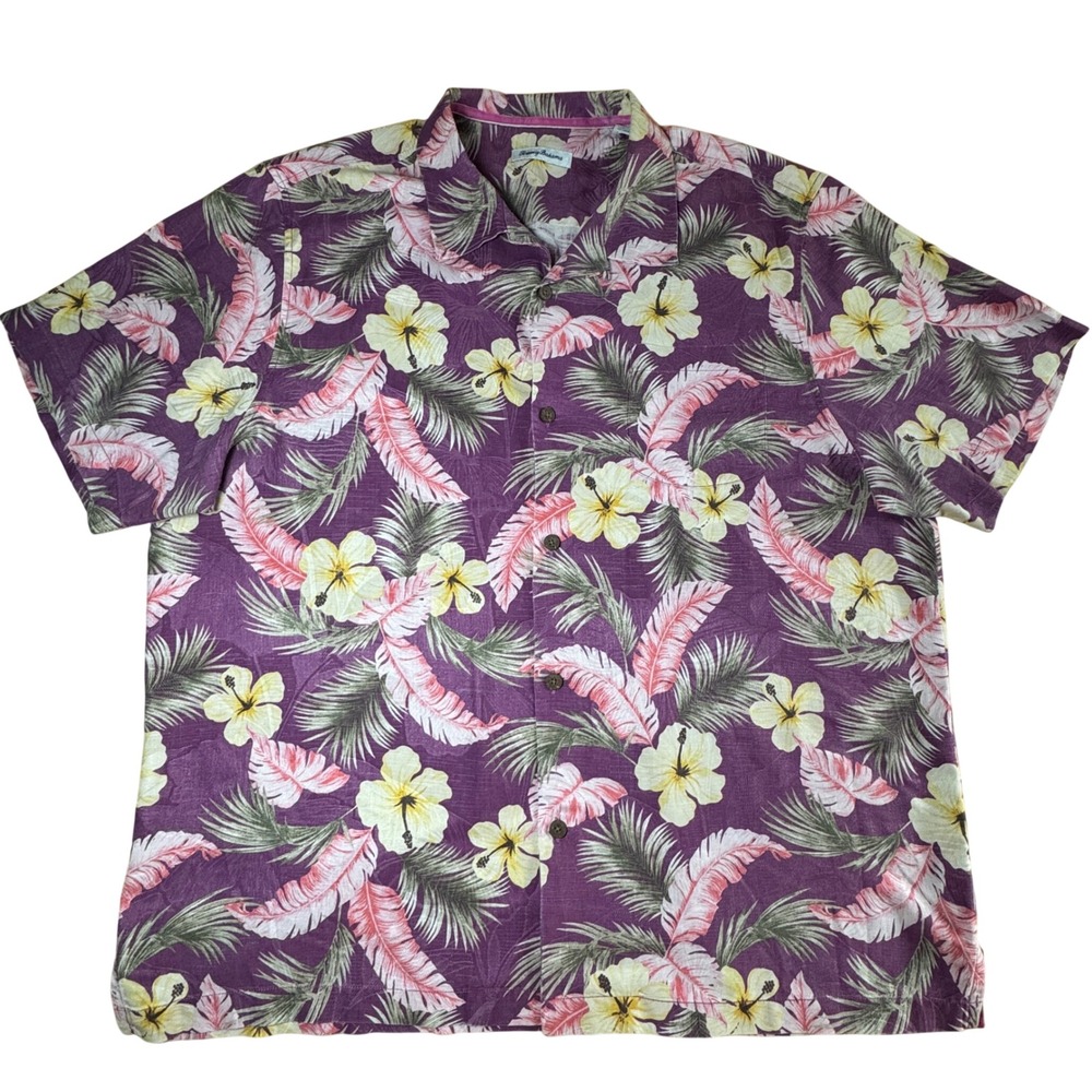 Tommy Bahama IslandZone Men's XXL Purple Silk Blend Hibiscus Tropical Camp Shirt